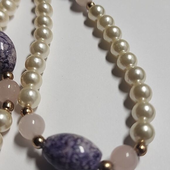 Elegant Faux Pearl Necklace With Stone Bead Accents Including Rose Quartz - Picture 3 of 3